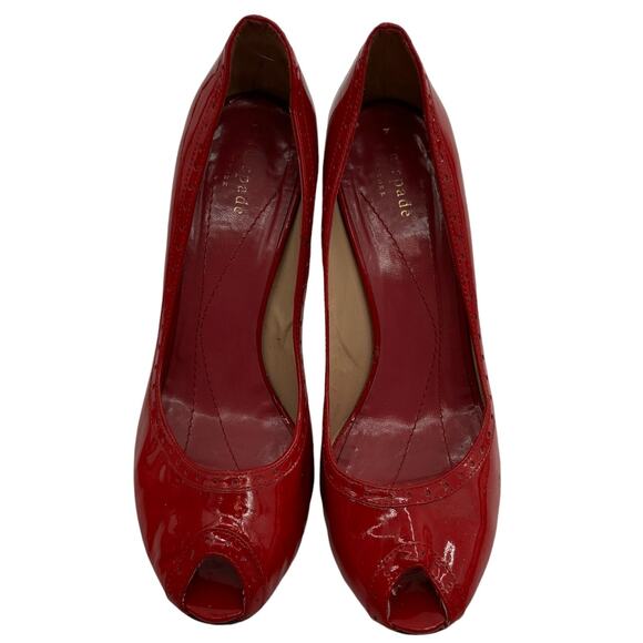 Kate Spade Red Patent Leather Giselle Peep Toe Stiletto Heels - Picture 2 of 11